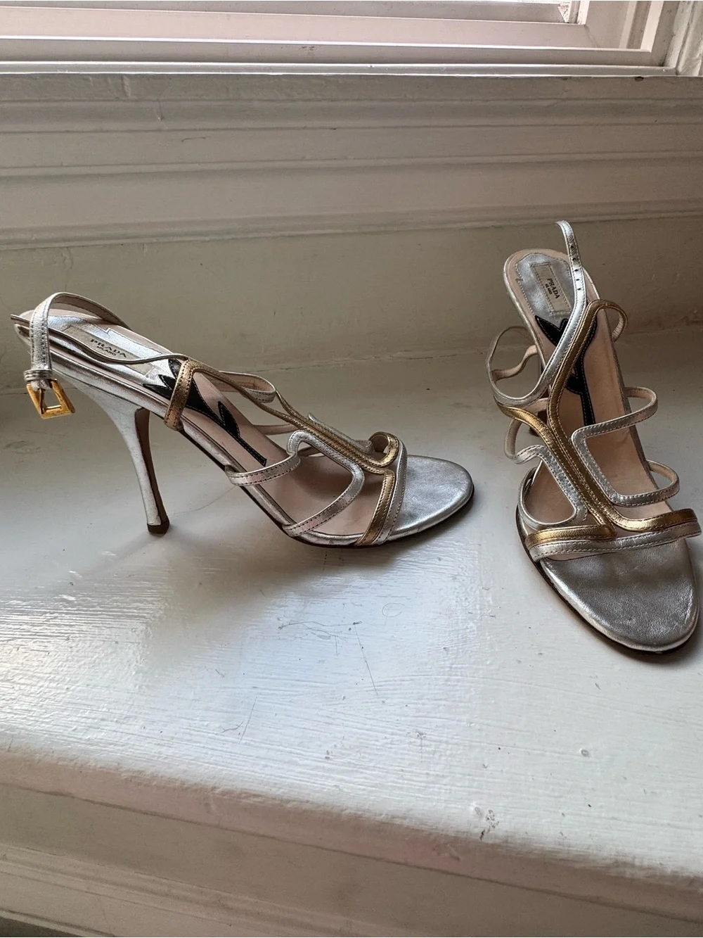 Prada Silver & Gold Multi-Strap High Heel Sandals